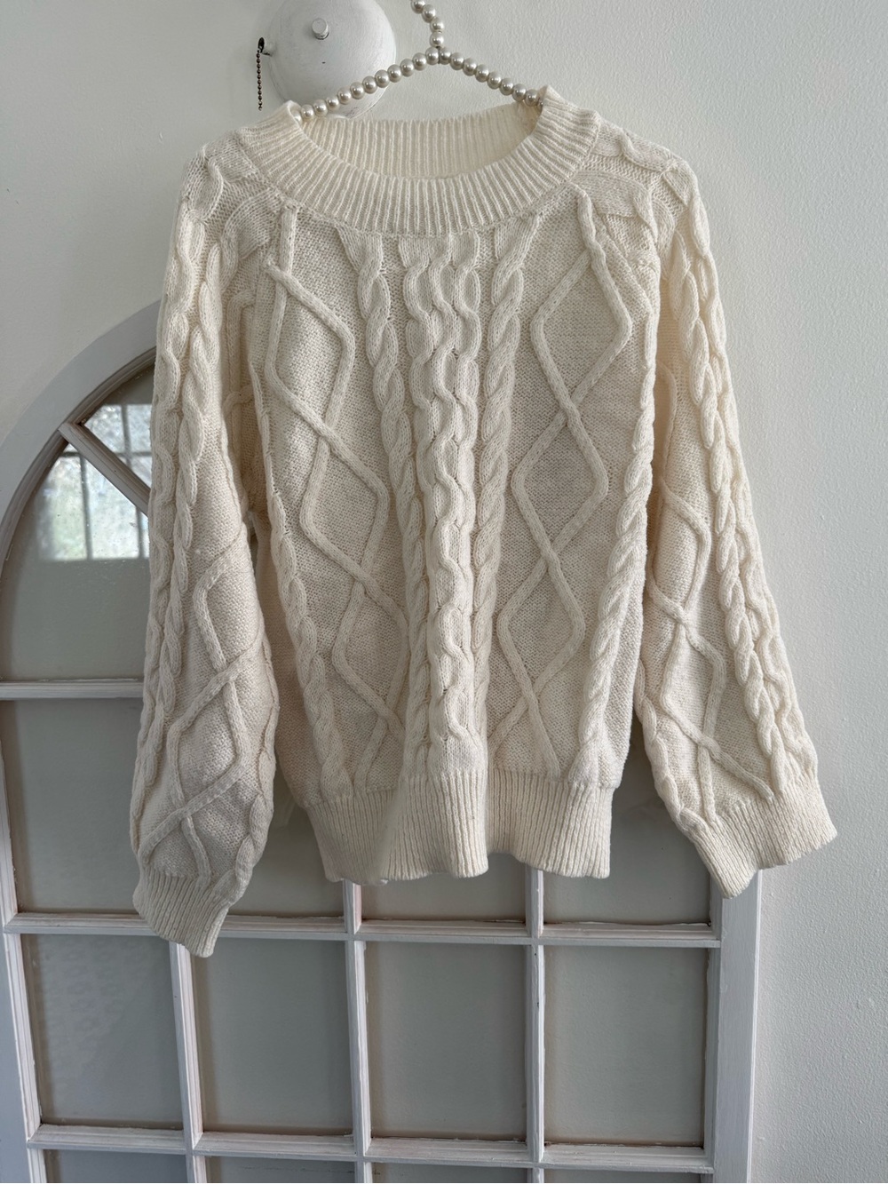 Fishermen Classic Cable Knit Crewneck Sweater Cottagecore oversized small Cream